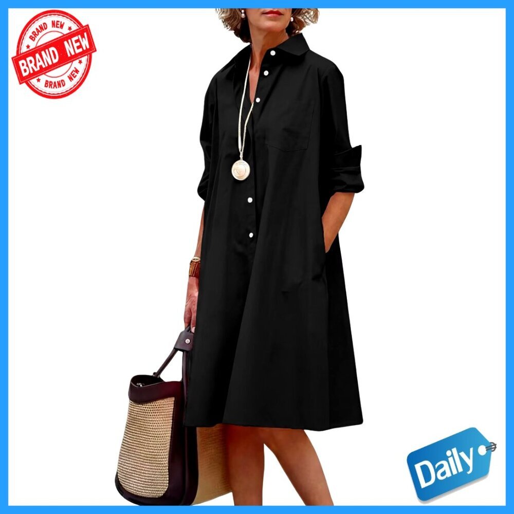 Long Sleeve Button Down Midi Dress Casual A-Line Shift Tunic with Pockets